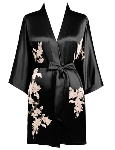 Image of BABEYOND Kimono Robe Cover up Short Satin Floral Silky Kimono Blouse Loose Bachelorette Party Robe