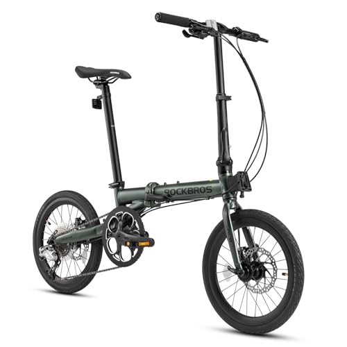 ROCKBROS ACS·16M Bicicleta Plegable de 16 Pulgadas, Cuadro Aluminio, 9 Velocidades, Freno de Disco, Unisex para Hombres y Mujeres, Verde