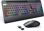 seenda 2.4G Wireless Keyboard and Mouse Combo with Rainbow Backlit, Rechargeable Keyboard and Mice Set UK Layout Full Size with 2 in 1 USB C & USB A Dongle and Wirst Rest, Black