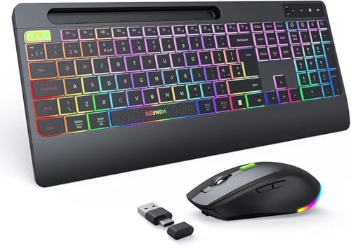 seenda 2.4G Wireless Keyboard and Mouse Combo with Rainbow Backlit Rechargeable Keyboard and Mice Set UK Layout Full Size with 2 in 1 USB C & USB A Dongle and Wirst Rest Black