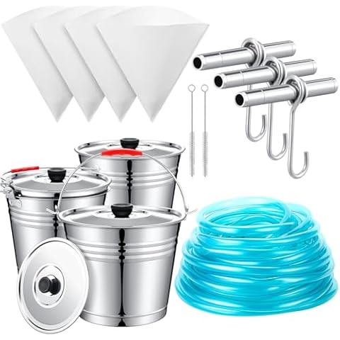 LOYIM 3 Pcs Maple Sugar Starter Kit Include 3 Metal Buckets with Lids, 32.8 feet Tapping Tubing Line, 3 Maple Syrup Taps, 3 Maple Syrup Filters and 3 Cleaning Brushes for Starters Cover