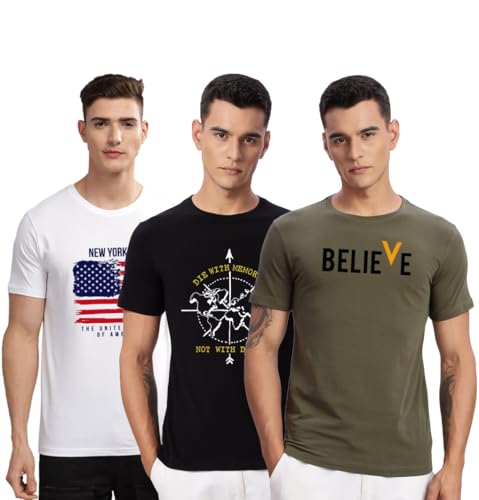 Image of ADRO 100% Cotton Lycra Tshirts for Men Combo Pack of 3 | Regular Fit | Printed T Shirt | Round Neck Half Sleeve| Mens Tshirts