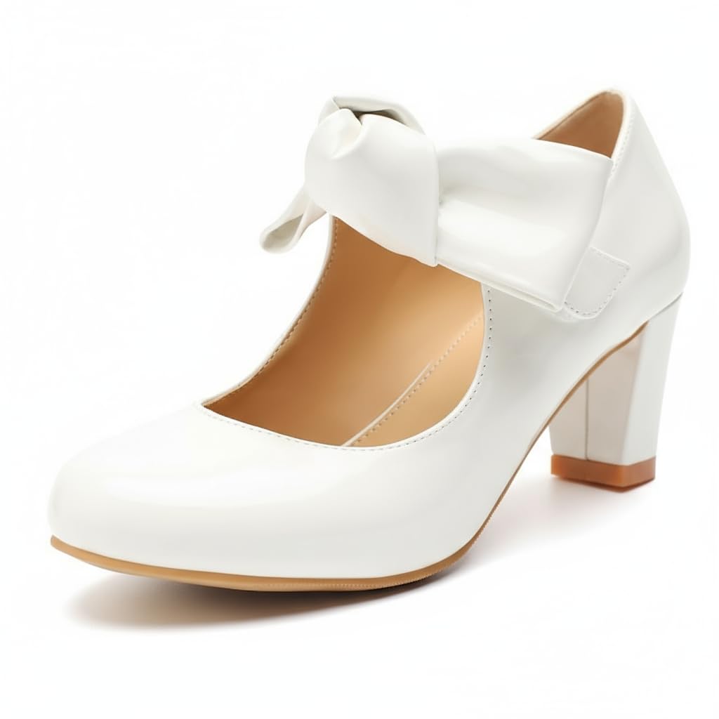 Rjclyh Womens Mary Jane Pumps - 2 Inch Mid Chunky Block Heels with Bow, Round Toe Patent Leather Ankle Strap Dress Shoes for Wedding, Office, Cosplay