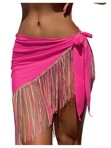 SweatyRocks Women's Fringe Tie Knot Bathing Suit Beach Swimsuit Cover Up Skirt Sarong Wraps