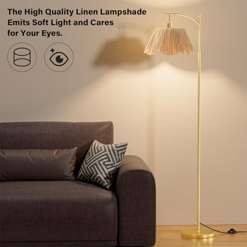 Image of Ambimall 60 inch Floor Lamps for Living Room with 3 Color Temperatures, Gold Floor Lamp with Rattan Shade, Modern Tall Lamps for Bedroom Office, 9W LED Bulb Included