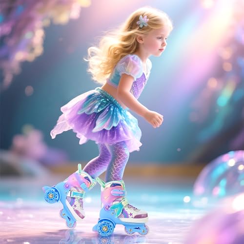 Image of NEMONE Mermaid 4 Size Adjustable Light up Roller Skates for Girls, Blue Purple Skates for Toddlers, Beginner Kids Roller Skates Indoor Outdoor (Blue XS)