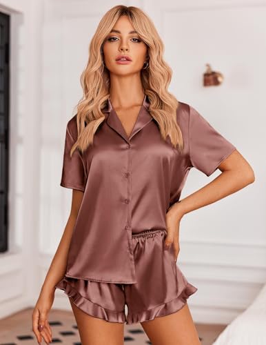 Image of Ekouaer Womens Satin Pajamas Set Button Down 2 Piece Silk Pjs Shorts Set Ruffle Lingerie Notch Collar Sleepwear