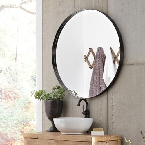 Howard Elliott Collection Steele Black Round Wall Mirror, Brushed Stainless Steel Frame Vanity Hanging Mirror for Bathroom, Bedroom, Living Room, Entryway & Modern Home Decor, 36 Inch