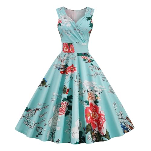 Vintage Cocktailkleid für Damen Retro Abendkleid im 50er 60er Jahre Rockabilly Stil mit Träger Oben & Petticoat Elegantes Retro-Kleid (Mint Green,...