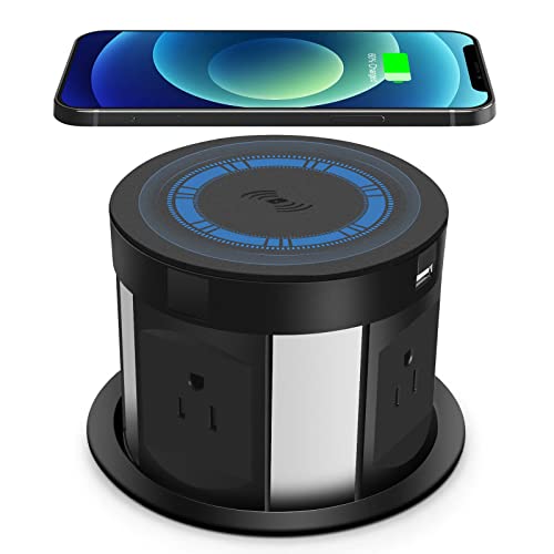 Automatic Pop Up Power Strip,Retractable Recessed Power Strip,Pop Up Power Strip 4 Outlets,with Wireless Charger,2 USB Charging Ports for Office Table and Workshop (Black)