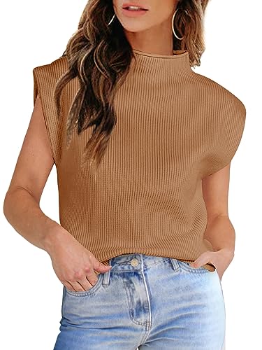 Image of Womens Sleeveless Sweater Vest Turtleneck Ribbed Knit Tank Tops Basic Slim Fit Top