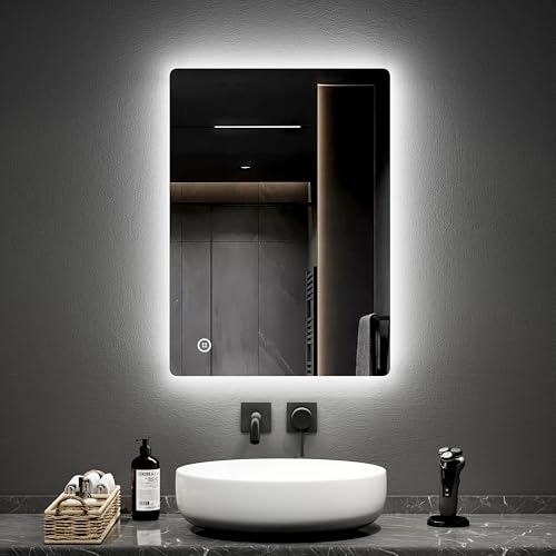 EMKE LED Backlit Bathroom Mirror with Fuse 500x700mm Wall Mounted Multifunction LED Bathroom Vanity Mirror with Shaver Socket | LED Lights | Demister Pad Energy-Saving LED Smart Mirrors