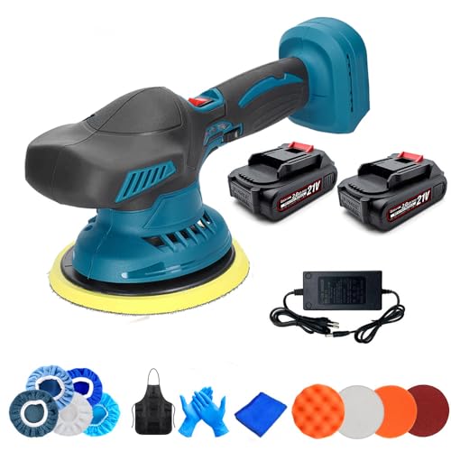 Pulidora de coche inalámbrica 150 mm, 21 V, pulidora orbital con 2 baterías, 6 velocidades variables, 2800-5500 rpm, kit de pulido excéntrico de 12 mm, para detalles del coche, pulido, encerado
