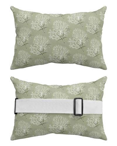 Anzona Pack of 4 Sage Green Coastal Lumbar Pillow Covers, Outdoor Waterproof Throw Pillow Covers Set, Nautical Summer Beach Coral Starfish Decorative Cushion Case for Patio Beach, 11x16 Inch