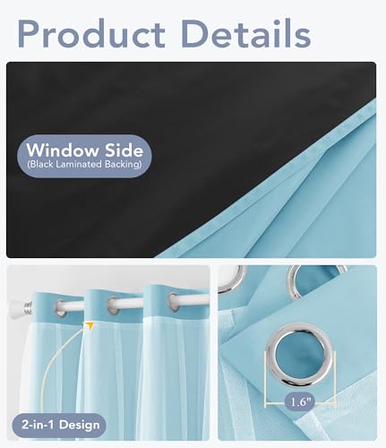 Image of 100% Blackout Curtains with Sheer Overlay, Blue, 52 x 96 inch, 2 Panels