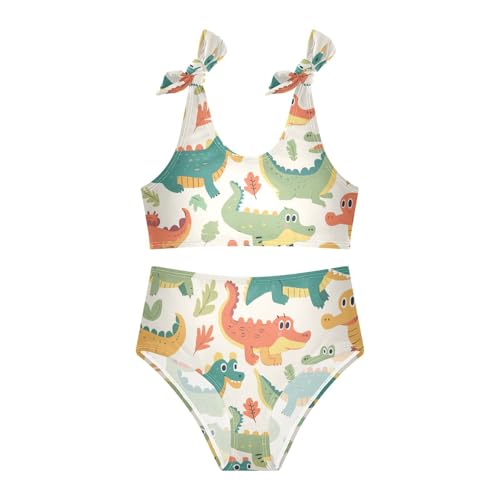 KLL Cute Cartoon Alligator Crocodile Palm Girls' Two Piece Bikini Set Beach Bathing Suit Swimwear Adjustable Shoulder Strap3