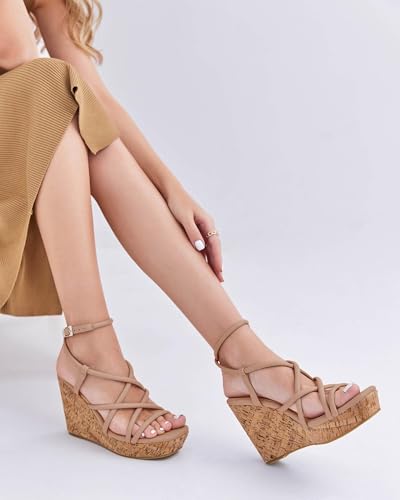 Image of Coutgo Women Platform Wedge Sandals Cork Slingback Wedges Espadrilles Heels Summer Shoes