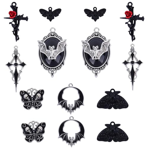 COGCHARGER 14 Gothic Style Cross Moth Bat Skull Pendants Halloween Charms for Jewelry Making DIY Craft Supplies