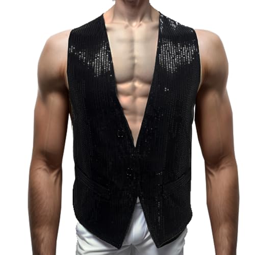 DRHOM Men's Sequins Vest Slim Fit Christmas Party Vest Hip Hop Disco Dance Waistcoat Performance Show Jacket