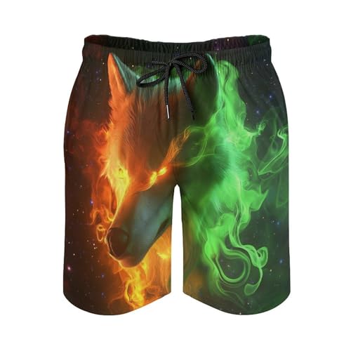 DUOLIFU Mens Summer Wolf Printed Pool Swim Trunks Quick Dry Lightweight Elastic Waist Beach Shorts with Pockets,Wolf 24,L