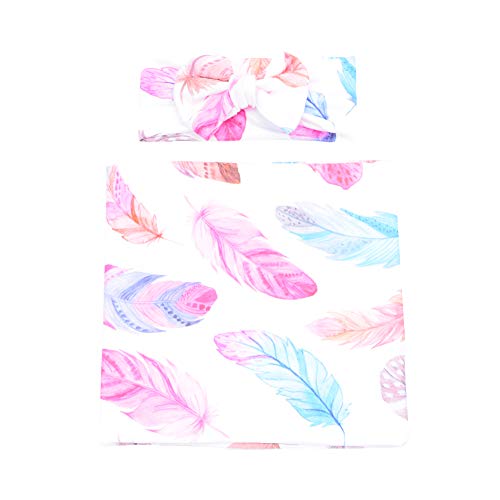 Image of Galabloomer Newborn Baby Sleep Receiving Blanket and Bow Headband Set Baby Swaddle Blanket (Feather & Elephant)