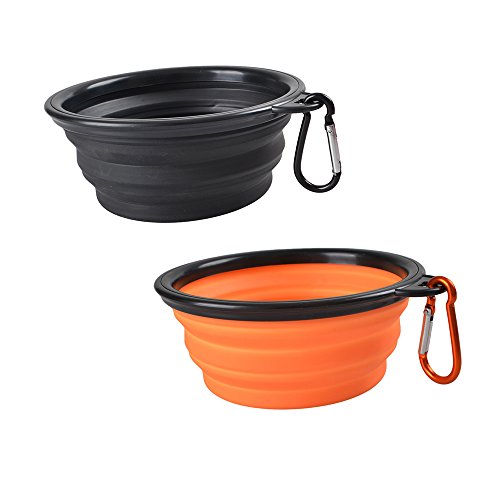 Perros de viaje plegables Set de 2, FLYING_WE Silicona de Grado Alimenticio BPA Placa de Mascotas Gratis para Alimentar Regar en Viajes Aprobado por la FDA.[ Negro y naranja ]