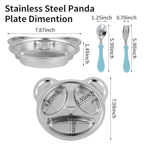 Ylarmy YLARMY-PL01 Set Of 4 Stainless Steel Divided Plates And Utensils For Kids,3 Compartment Toddler Plate Metal Kid Dinner Tray Bpa Free, Cute Panda Shape Toddlers Dishes Dinnerware Picky Eater Bowls thumb #3