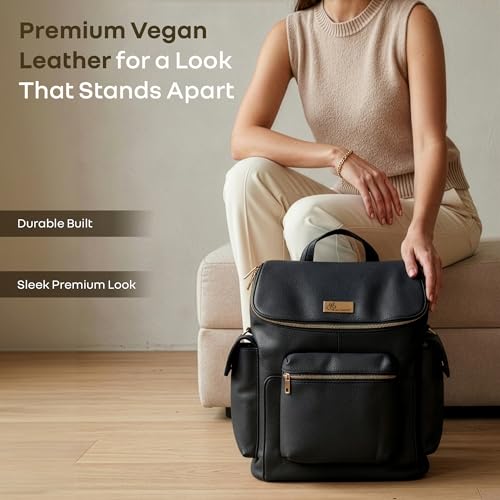 Image of R for Rabbit Caramello Bold Neo Diaper Bag for Moms, Vegan Leather Baby Bag with Insulated Bottle Pockets, Multi-Compartment Maternity Backpack, Stylish Travel Bag Upto 39 Litre Capacity (Jade Black)