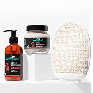mCaffeine Body Exfoliation Routine with Coffee & Berries Body Scrub, Body Wash & Bath Glove | Cleanses & Exfoliates for a Smooth Skin | Combo Pack of 3 for Men & Women | 100% Vegan