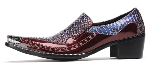 Men's Slip-On Loafers Leather Dress Shoes - Metal Pointed Toe, Studded Detail, Chunky Heel, Comfortable Snakeskin Western Casual Penny Loafers for Party,Ballroom,Bar Wear2