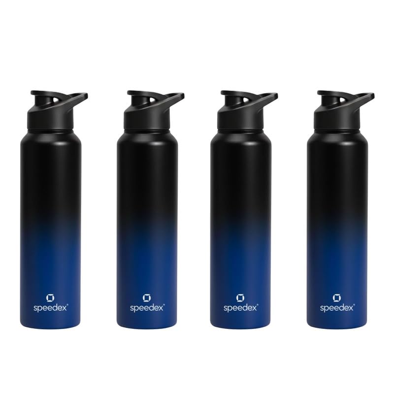 Image of Speedex Stainless Steel Water Bottle 1 Ltr, Leak Proof Sipper Cap, BIS Approved 1000 ml Metal Bottle For Daily, Office, School, Gym, Travel Use for Men, Women, Kids, Adults, Black Blue, Set of 4