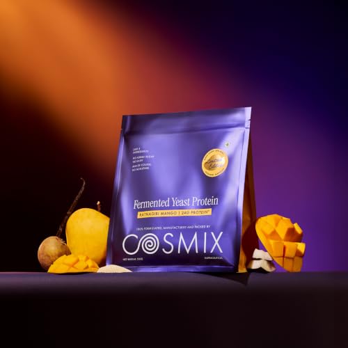 Image of Cosmix Fermented Yeast Protein Powder | 24g Protein | Made with Real Mango | High Absorption with PDCAAS of 1 | No Dairy | Made In-House | Smooth, Tasty & Gut-Friendly | Ratnagiri Mango, 1Kg Pouch