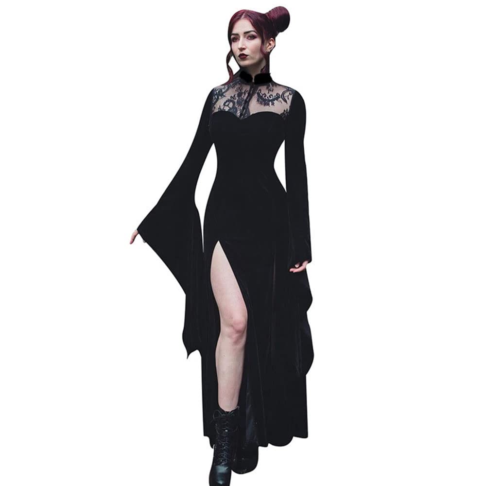 Robe longue sexy fendue en dentelle à manches longues évasées sirène col haut pour Halloween, gothique, sorcière, cosplay | Robe fendue sexy