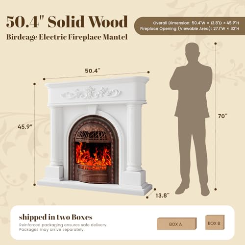 Image of 50 inch Solid Wood Electric Fireplace with Mantel, White Roman Column TV Stand with Bronze Birdcage Heater Insert, Elegant Fireplace for Living Room, Bedroom & Entryway