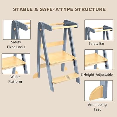 Foldable Toddler Tower Preassembled Kitchen Stool, Folding Tower for Learning with 3 Adjustable Heights Montessori Toddler Standing Tower for Kids Collapsible Wooden Step Stool, Light Gray