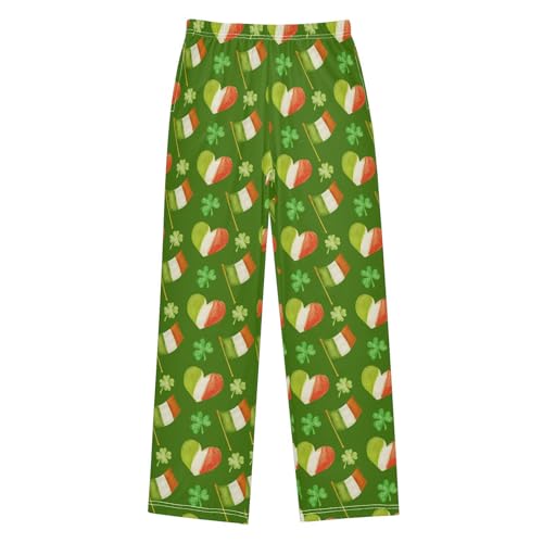 Irish Flah Love Heart Clover Boys Long Pants Soft Trousers Elastic Waist Kids Lounge Bottoms with Pockets S-XL