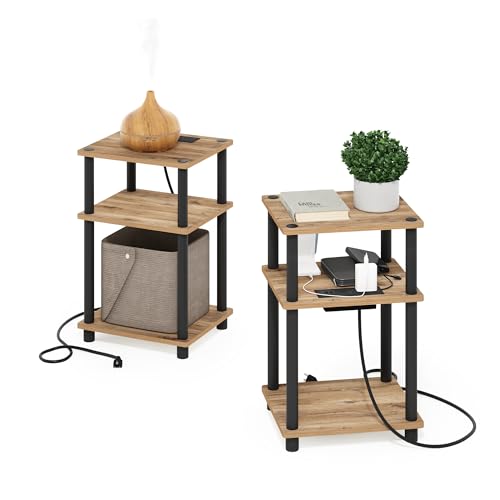 Image of Furinno Just 3-Tier Turn-N-Tube USB and Type-C Charging Port End Table with Open Storage, Flagstaff Oak /Black, Set of 2