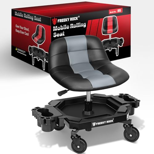 Image of Rolling Stool with Wheels, Adjustable Height Pneumatic Garage Work Mechanic Stool Seat with Backrest, 400 LBS Capacity 360 Swivel Mechanic Crepper Chair with Tool Tray Storage, Gray