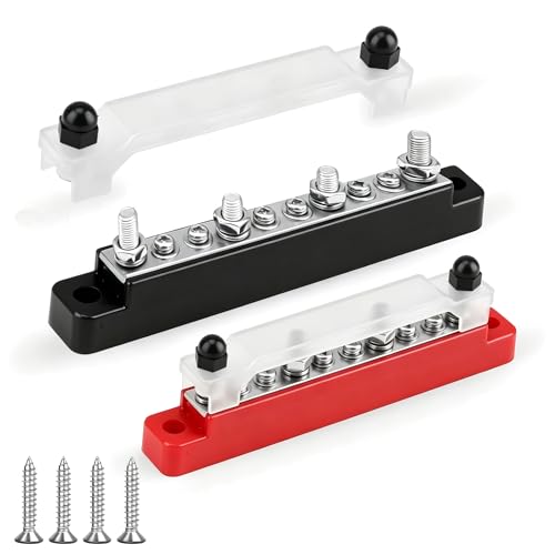 2 Barres de Distribution 12V-48V DC 150A, Bloc Distribution Électrique avec 4 Boulons M6 et 6 Vis M4, Busbar avec Couvercle de Protection pour Voiture Bateau et Camping-Car Camion