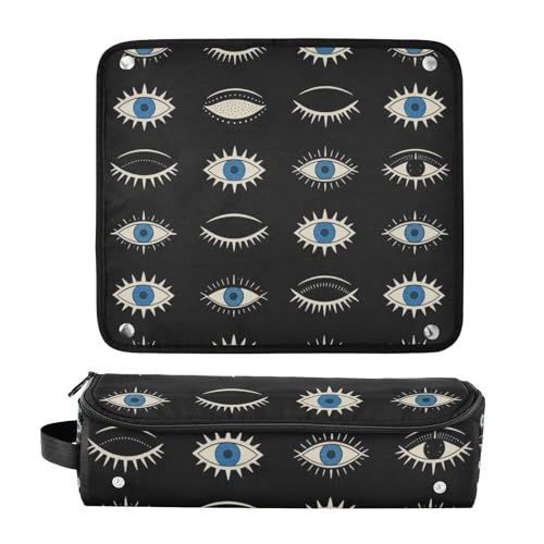 Bolsa de viaje para herramientas de cabello para mujeres con tapete resistente al calor y soporte para planchas y rizadores, diseño azul con patrón de ojo maligno negro miniatura 3