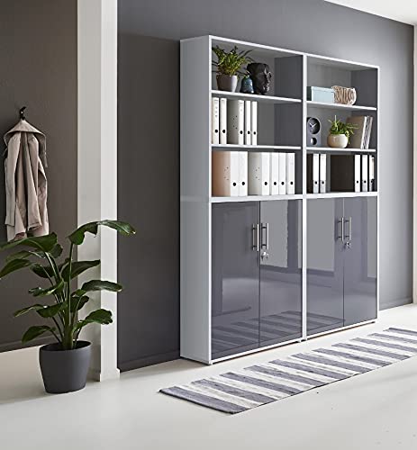 abschliessbarer Aktenschrank Büroschrank Schrankwand Büromöbel Regal Office Edition in Lichtgrau/Anthrazit Hochglanz (Set 11)