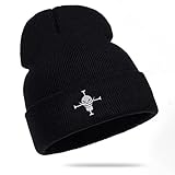 Roffatide Luffy Beanie Hat Anime Whitebeard Pirates Cuffed Skull Caps Winter Knit Hat for Boys Girls Embroidered Black Beanie Cap
