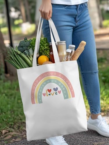 Canvas Tote Bag, Rainbow Love Heart Valentine's Day Aesthetic Canvas Tote Handbags for Women Shoulder Bag,4
