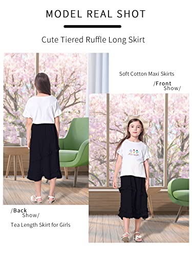 Unacoo Girls Skirts Combed Cotton Casual Midi Swing Skirt Soft Flowy Long Skirts Tiered Ruffle Maxi Skirts Girls Outfit Kids With Elastic Waist For 3-4 Year Black Xs #TOP4