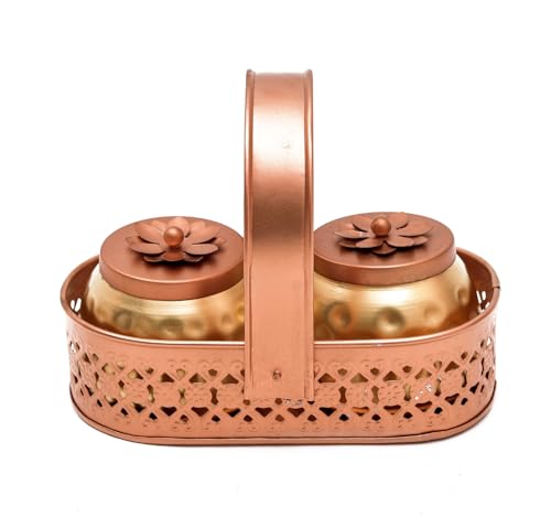 Image of Sanvatsar Square Shape Metal Basket with Jar Tray 2 Copper Flower Container Dry Fruits Chocolate Sweets Candys Gifts Set for Office, Home Decor Table Decoration Item