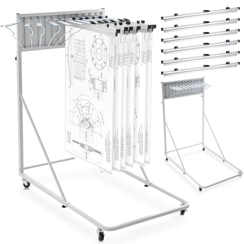 Estune Mobile Blueprint Holder Rack, Adjustable Mobile Blueprint Holder with 6 24 in Hanging Clamps 4 Wheels Poster Display Rack Storage Organizer Stand for File Display Plan Office Home(Silver)