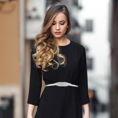 Womens Skinny Waist Belt, Stretch Silver Chain Belts for Women Metal Sparkly Waist Chain Elastic Adjustable Dress Belts Decorative Thin Rhinestone Bridal Belt for Women Formal Dress4