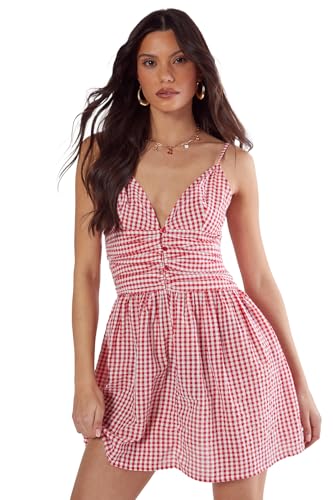 Gingham Ruched Button Front Strappy Mini Dress