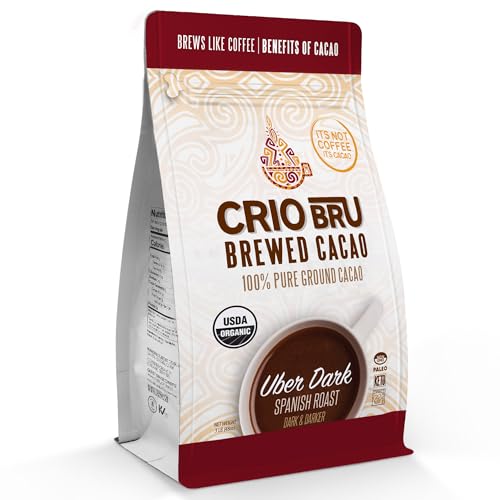 Crio Bru Brewed Cacao Uber Dark Spanish Roast - Coffee Alternative Natural Drink | 100% Pure Ground Cacao Beans | 99.99% Caffeine Free, Brew And Enjoy Hot or Iced (48oz)