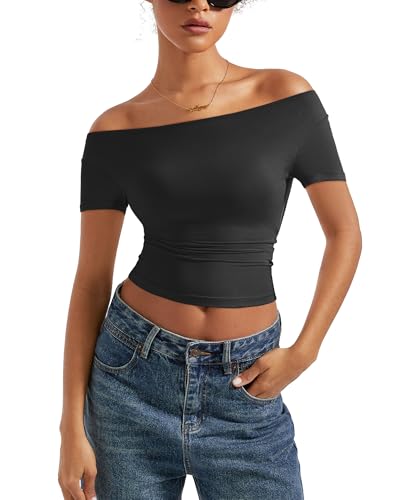 SUUKSESS Women Off The Shoulder Short Sleeve Tops Trendy Cowl Neck Going Out Basic T Shirt